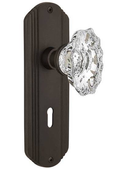 Streamline Deco Mortise-Lock Set with Chateau Crystal Glass Knobs in Oil-Rubbed Bronze.